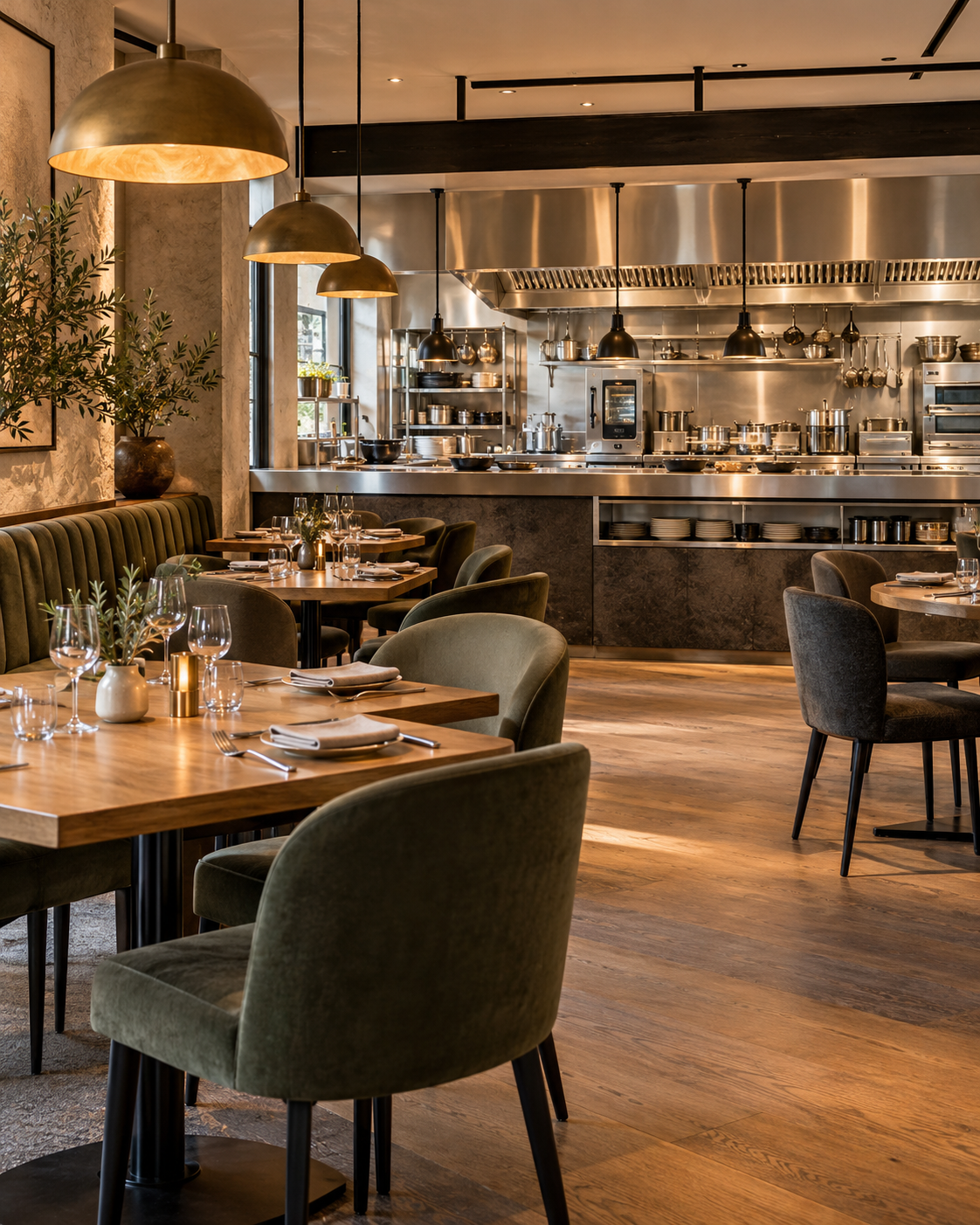 Interior de restaurant cu zonă de mese și bucătărie profesională deschisă